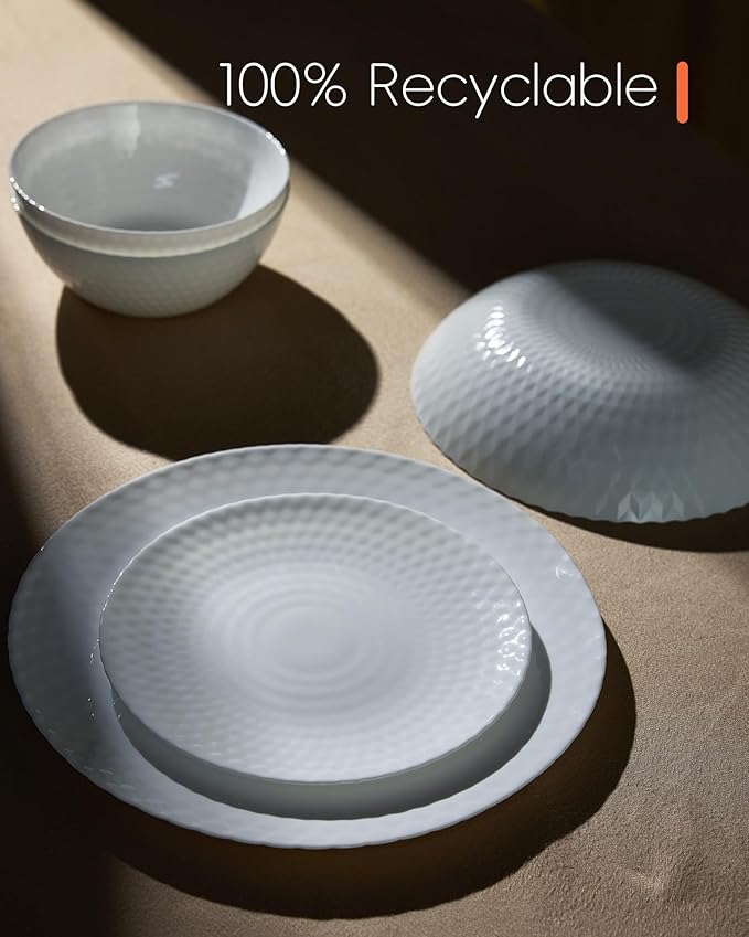 Dinnerware Sets for 4, Light & Durable 12 Pieces Opal Glass Plates and Bowls Set, Dishwasher and Microwave Safe Dish Dinning Ware, Thin but Strong Geometric Faceted White