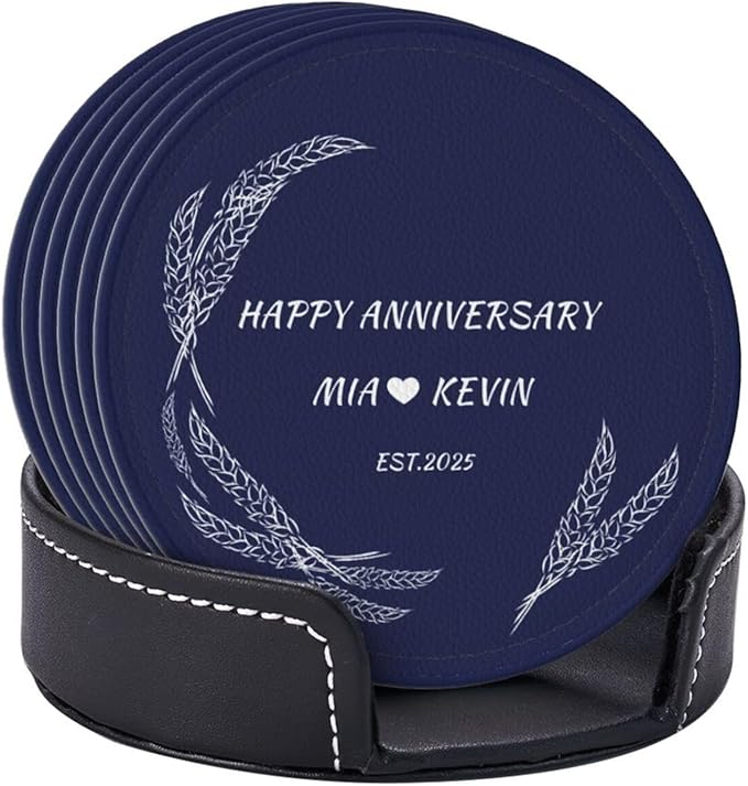 Customized Coasters Set of 6, Custom Brown PU Coasters with Name and Year 2025, Customize Coaster Set for Couples, Housewarming Gift for Couples New Home, Leather Coaster for Anniversary