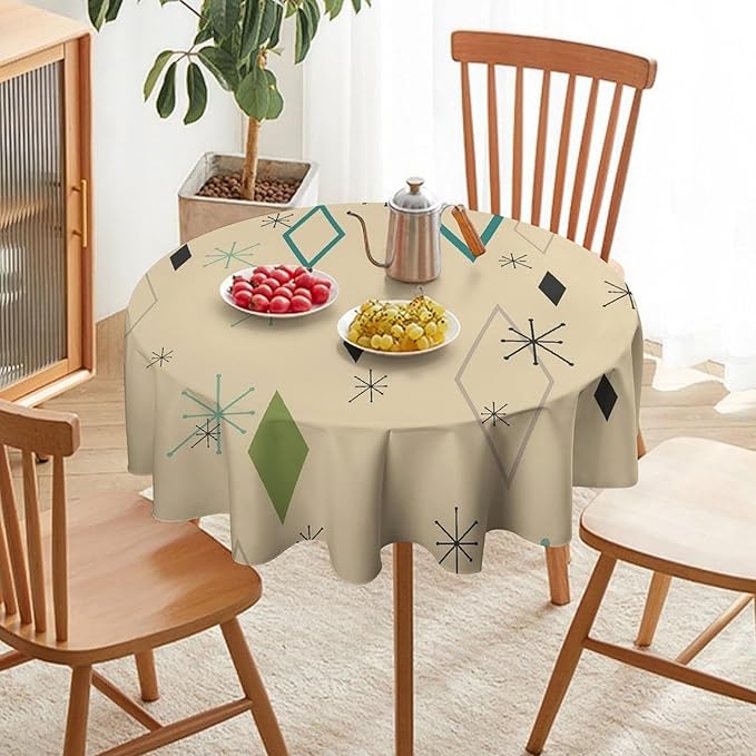 Colorful Middle Century Round Tablecloth, Vintage Bohemian Mid Century Modern Retro Print Tablecloth for Home Party Dining Room Kitchen Decor 70Inch(178cm)