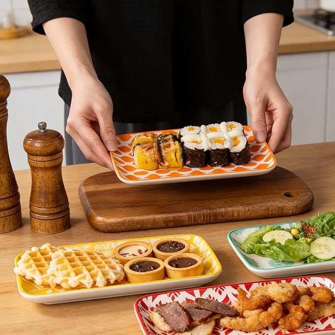 Ceramic Rectangle Salad Plates Set - 8.1" x 4.5" Rectangular Serving Platter - Serving Trays for Sushi Dinner Dessert Pasta Appetizer - Microwave Dishwasher Safe - Set of 6 - Assorted Colors