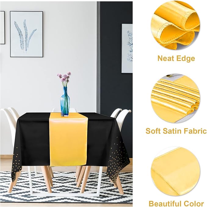 8Pack Disposable Plastic Tablecloths and Satin Table Runner Set Black Gold Dot - Image 3