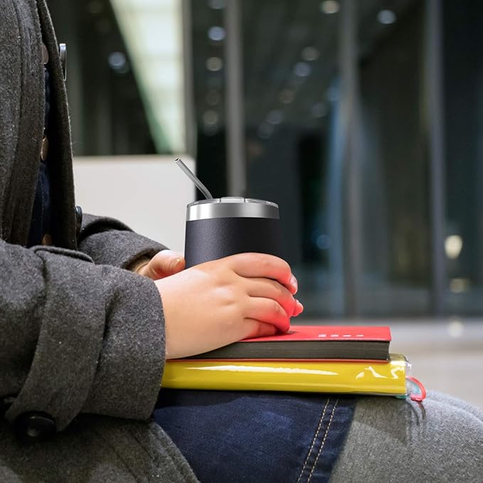 6 Pack 12 oz Stainless Steel Stemless Wine Tumbler with Leakproof Lids, Double Wall Vacuum Insulated Travel Cup Including 6 Straws set,for Coffee, Cocktail, Drink, Tea and Beer (White