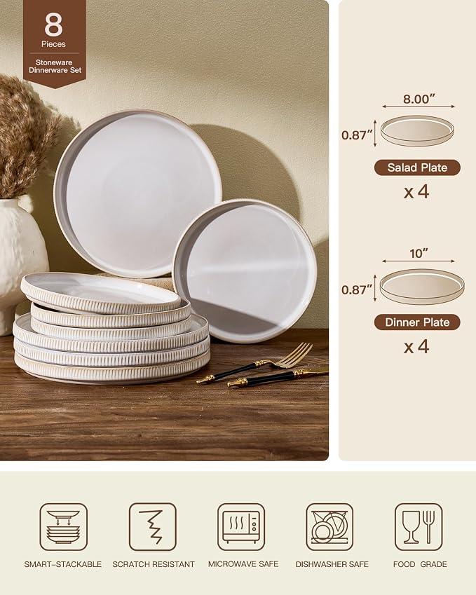 Ceramic Dinnerware Set for 4, 8-Piece Flat Dinner Plates and Salad Plates | - Image 2