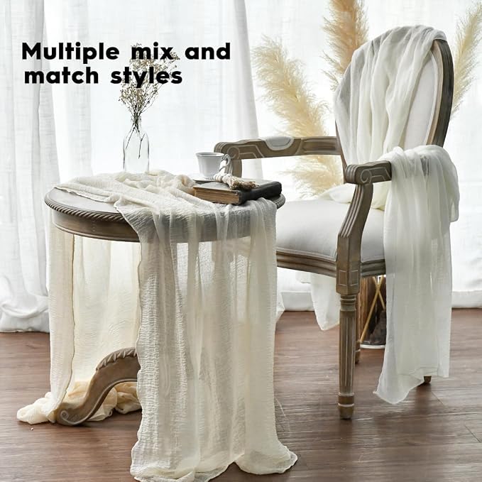 Artoid Mode Boho Cheesecloth Gauze Beige Wedding Table Runner, 120 Inch - Image 4