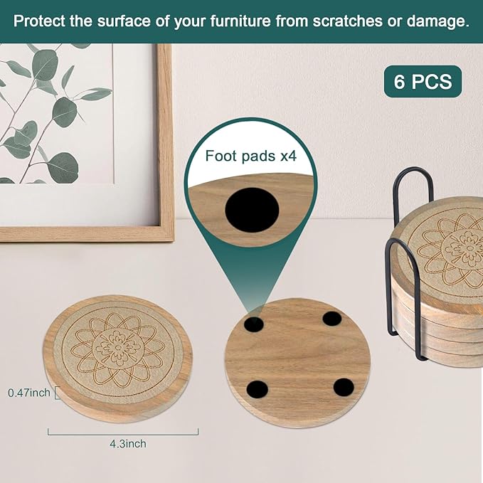 Wood Coasters for Drinks Housewarming Gifts for Home Decoration Absorbent Coasters with Holder for Coffee Tabletop Protection 4.3 Inch Beige