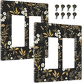 Outlet Covers Black/Gold Boho Botanical Floral Rustic Flowers 2 Gang Light Switch Cover Double Rocker Wall Plate Decorative GFCI Receptacle Electrical Switchplate for Bathroom Kitchen（2 Pack）