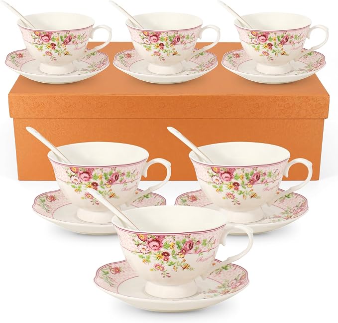 Cup and Saucer Sets of 6 with Spoon, 8oz Ceramic Tea Cups Saucers Set Porcelain by SWEDOU