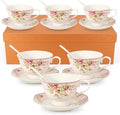 Cup and Saucer Sets of 6 with Spoon, 8oz Ceramic Tea Cups Saucers Set Porcelain by SWEDOU