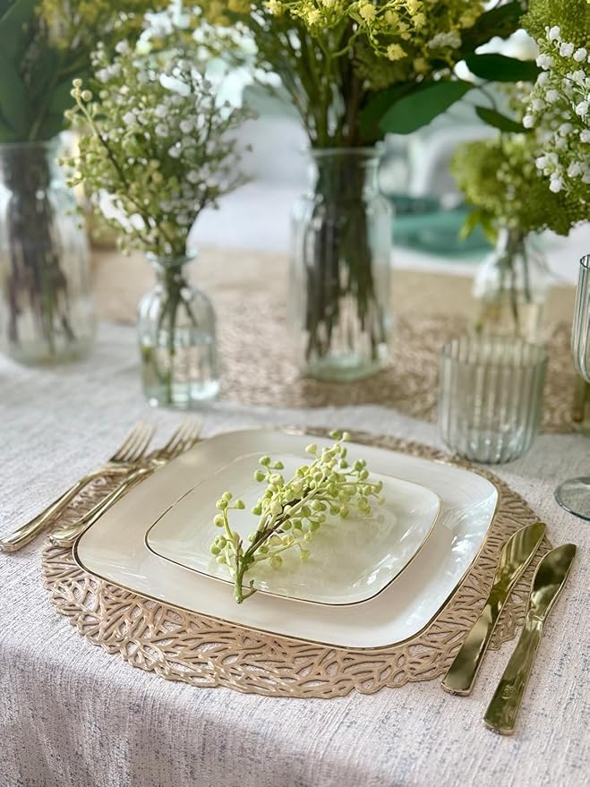 " OCCASIONS " 240 Pieces Pack,(120 Guests) Premium Wedding Party Disposable Plastic Plates Set -120 x 10'' Dinner + 120 x 7'' Salad/Dessert (Belize Square in Ivory & Gold)
