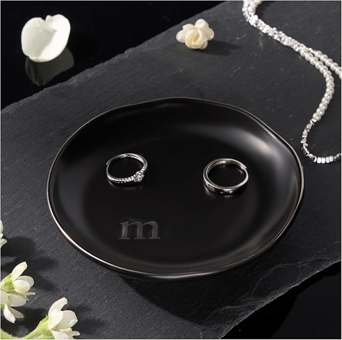 Lolalet Handmade Ceramic Ring Dish Jewelry Tray Plate with Initial, Small Monogram Gift for Her Women Girls Mother, Hostess, Engagement, Bridal Shower, Maid of Honor, Bridesmaid, Birthday, Christmas