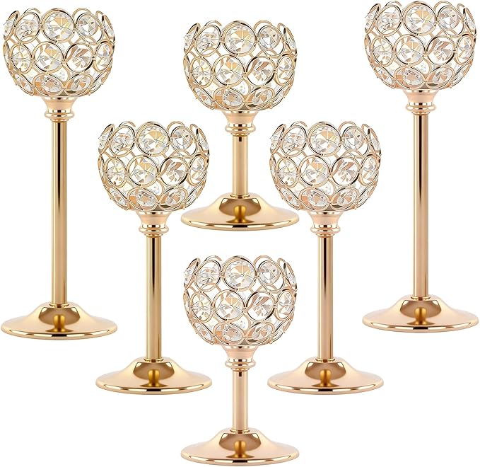 Crystal Candle Holders 2 Set of 6 - Gold Vintage Hollow Ball Candle Stand for Table Centerpiece, Crystal Metal Tealight Candlestick for Wedding, Dining Room Decor