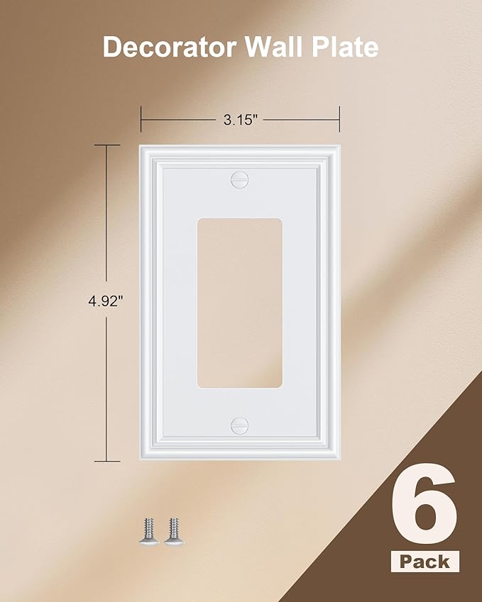 6-Pack Decorator Outlet Cover Plate, White Decorative Switch Plates and Outlet Covers, Durable Zinc Alloy Wall Plates for Electrical Outlets, Receptacle, GFCI Outlet, Dimmer Switch