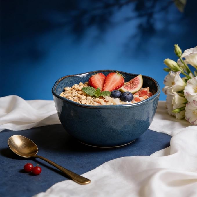 Organic Shape Highland Ceramic Cereal Bowl, 24pcs 5.5 Inch Handmade Reactive Glaze Stoneware Rice bowl with Wavy Edge, for Kitchen, Microwave & Dishwasher Safe, Scratch Resistant-Blue