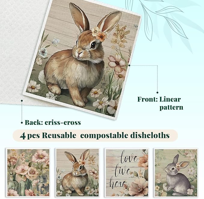 Vintage Bunny Swedish Dishcloths for Kitchen, Swedish Dish Cleaning Cloths for Floral，Papaya Reusable Paper Towels, 4 Pack Dish Towels for Kitchen, Reusable Dishcloths Washable