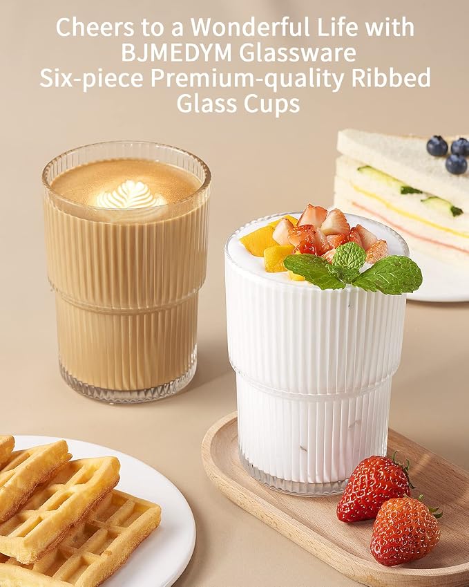 6PCS Ribbed Drinking Glasses, 14Oz Stackable Glass Cup Set - Image 2