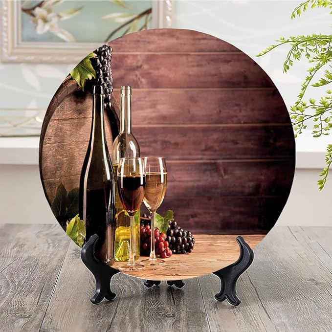 Decorative Plates, Wine Print Ornament, Rustic Viticulture Concept, 6 Inch, 1 Plate with 1 Display Stand, Brown Green Light Brown