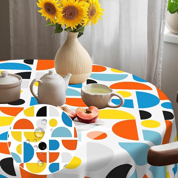 Laeacco 42 Inch Geometric Round Tablecloth Colorful Sector Circular Pattern Modern Abstract Art Print Table Cloth Washable Waterproof Wrinkle Free Table Cover for Kitchen Dining Picnic Party Decor