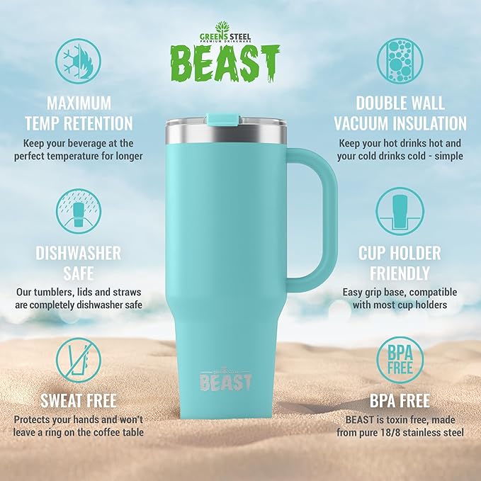 Beast 50 oz Tumbler with Handle Stainless Steel Vacuum Insulated Coffee Ice Cup Double Wall Travel Flask (Aqua Blue)
