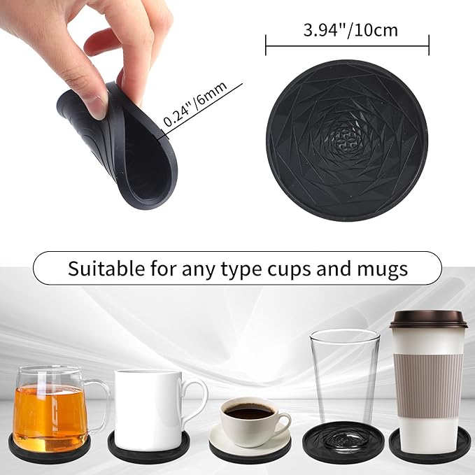 Silicone Coasters Set of 6 with Holder, Unique Rose Petal Design, Drink Coasters for Table Protection, Cup Mat for Hot-Cold Beverages, Modern Non-Slip, Non-Stick Design, Ideal Gift(6 Pack, Black)