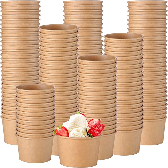 Honeydak 100 Pieces Ice Cream Soup Cups Paper 5 oz Disposable Sundae Bowls Kraft Paper Hot Cold Snack Yogurt Dessert Small Cups for Ice Cream Baby Shower Party Supplies, Brown Disposable Bowls