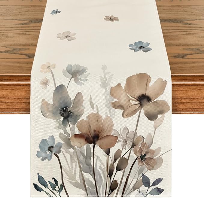 Artoid Mode Brown Poppy Floral Leaves Spring Table Runner, Seasonal Summer by ArtoidMode