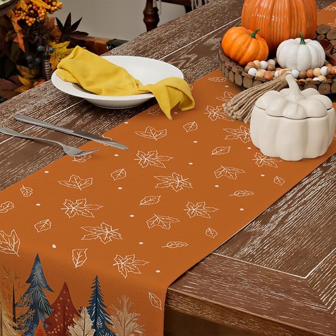 Fall Watercolor Trees & Maple Leaves Table Runner 13x120 Inch, Rustic Farmhouse - Image 2