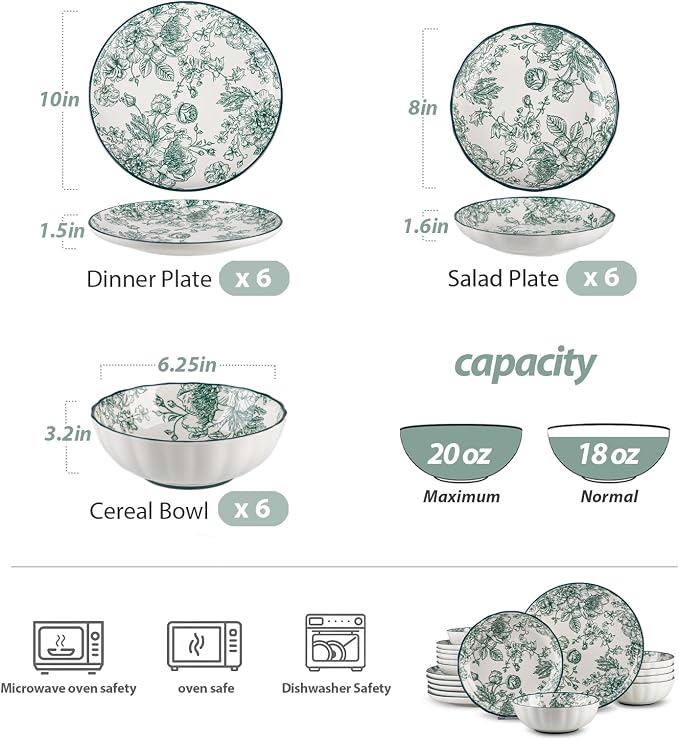 18-Piece Dinnerware Set Service 6, Porcelain Plates and Bowls Set, Vintage - Image 3