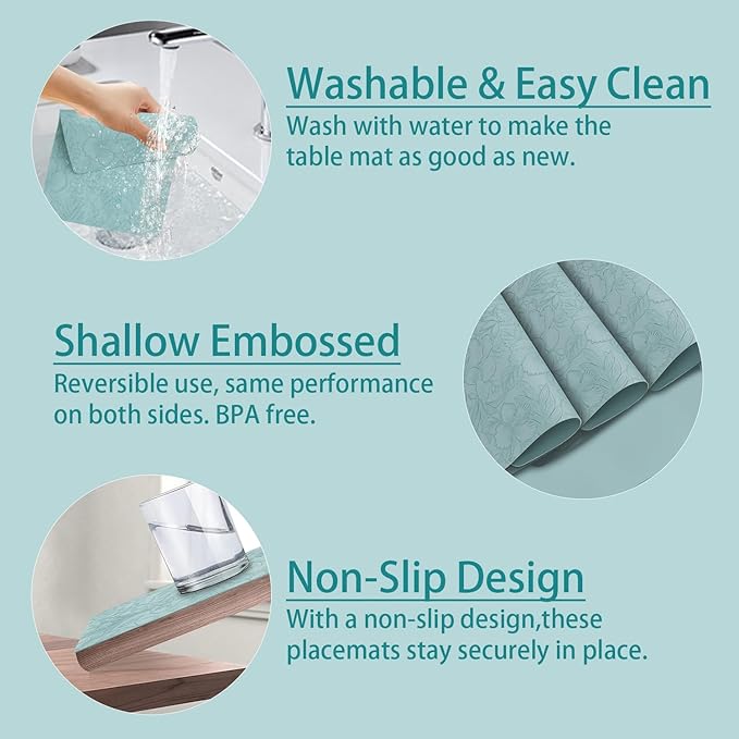 SolaraDawn Faux Leather Table Placemats Set of 6, Washable, Wipeable & Heat-Resistant Table Mats, Waterproof Dining Place Mats with Embossed Texture for Kitchen & Dining, Ice Blue, 17" × 12"