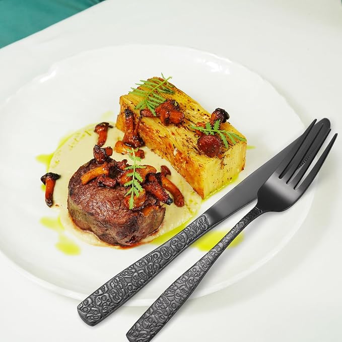 Skull Embossed Silverware Set for 8, OIULO 40-Piece Black Flatware set - Image 5
