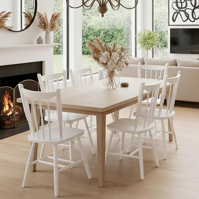 HNY White Windsor Dining Chairs Set of 4, Farmhouse Wooden Kitchen Chairs with Spindle Back, Mid Century Modern Armless Kitchen Side Chair for Dining Living Room Restaurant