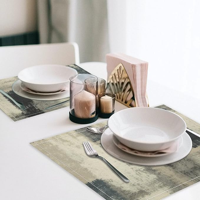 Gradient Placemat Set, Modern Minimal Fashion Abstract Beige Grey Blue Art Oil Painting Brush Strokes Patchwork Pattern Home Decor Linen Table Mats for Dining Room Kitchen Party (17x12in) x6P