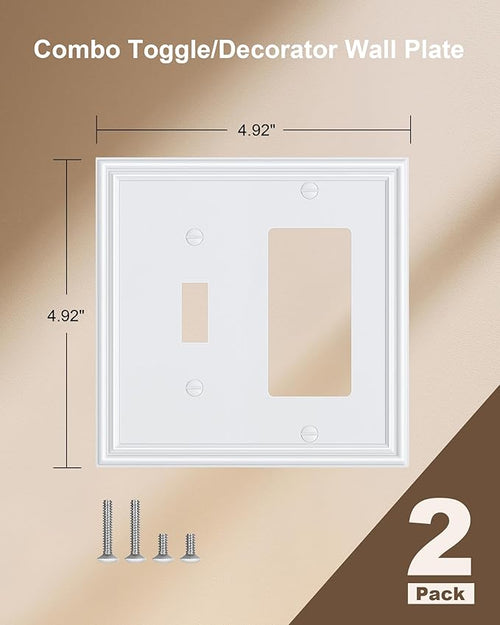 2-Pack Combo Toggle/Decorator Light Switch Cover Plate, Pure White Decorative Electrical Outlet Covers, Durable Solid Zinc Alloy Wall Switch Plates and Outlet Covers