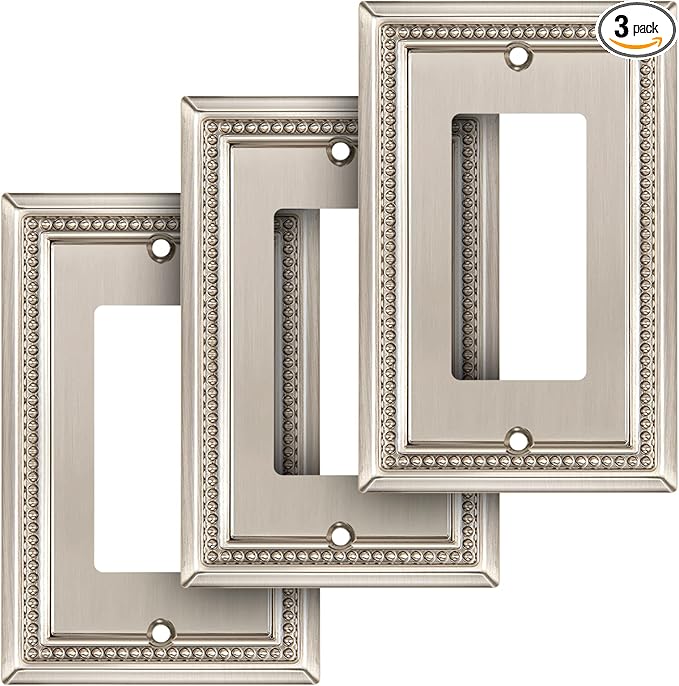 Henne Bery Sunken Pearls Heavy Duty Decorative Wall Plate Switch Plate Outlet Cover (Single Decorator, 3 Pack, Satin Nickel)