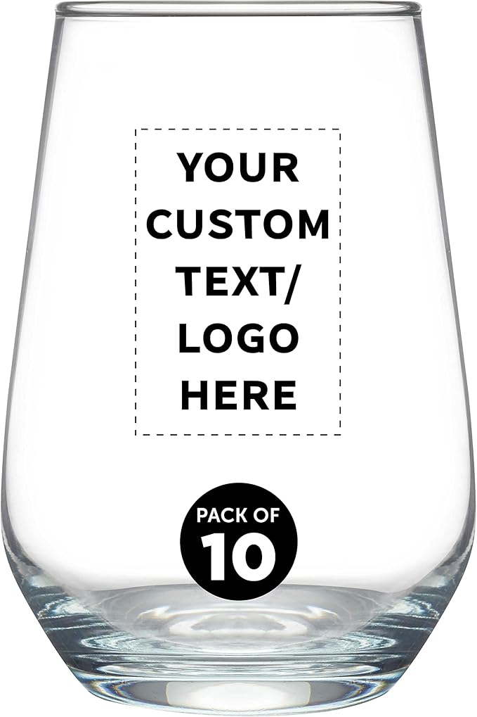 DISCOUNT PROMOS 10 Vaso Silicia Stemless Wine Glasses Set, 16 oz. - Personalized Text, Logo - Clear, Orb-Like, Thick base - Clear