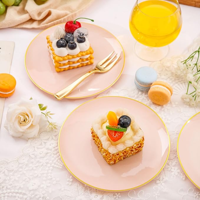Festiva 200Pcs Pink Gold Cake Plates 6.3" with Forks 5"- Disposable Salad Plates-Pink Dessert Plates-Appetizer Plastic Plates - include 100Plates 100Forks for Party&Wedding&Easter&Valentine's Day