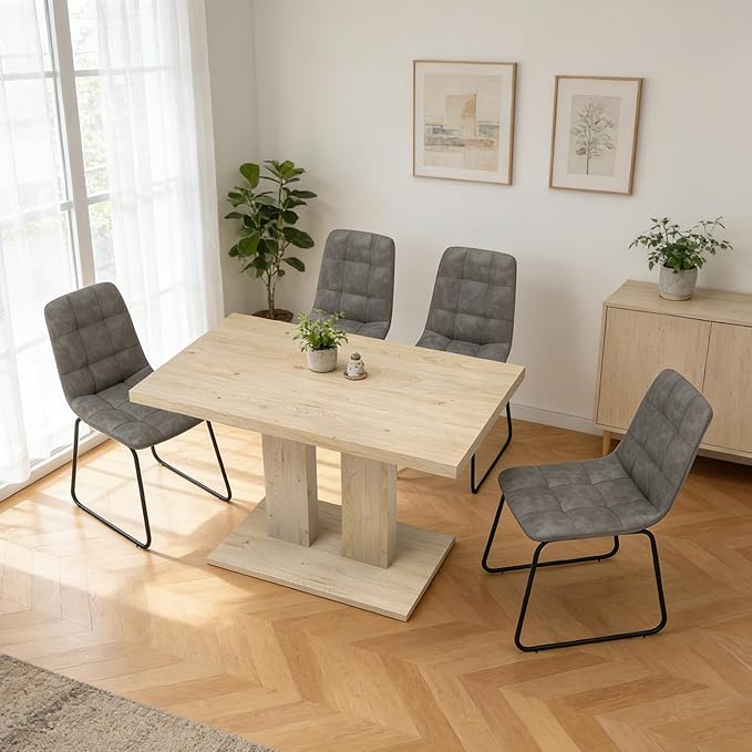 Modern 5-Piece Dining Table Set for 4, 46" Pedestal Dining Room Table with 4 Leather Chairs, Small Space Saving Kitchen Table Set, Natural Wood Finish Rectangle Table for Home & Apartment
