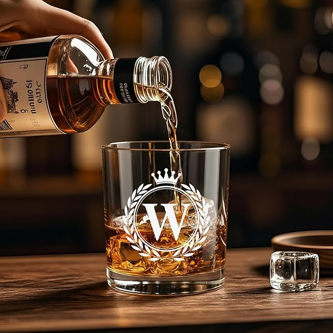 Whiskey Glasses - Rocks Old Fashioned Glass Gifts for Men, Monogrammed A-Z 10oz Personalized Whisky Glasses, Christmas Birthday Gifts for Men Him Dad Father Husband Brother Son (W)