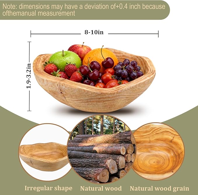 Handmade Wood Fruit Bowl for Kitchen Counter - 10-12in Irregular Wooden Decorative Bowl,Wooden Serving Bowl for Salads Snacks Keys Home Decor (10-12in/25-29cm)