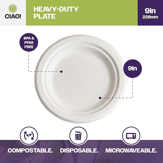 CIAO! 9" Heavy Duty Plate 100% Compostable PFAS Free Unbleached Bagasse Natural White (Pack of 500)