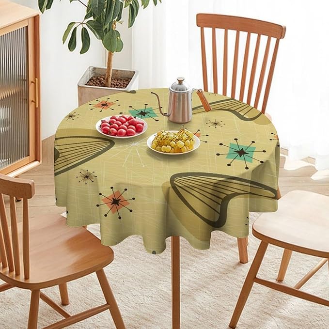 Mid Century Round Tablecloth, Retro Abstract Atomic Boho Geometric Art Printed Tablecloth for Home Party Dining Room Kitchen Decor 70Inch(178cm)