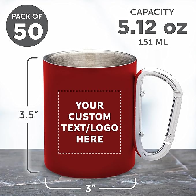 Custom Stainless Steel Mugs with Carabiner Handle 10 oz. Set of 50, Personalized Bulk Pack - Perfect for Coffee, Soda, Other Hot & Cold Beverages - Red