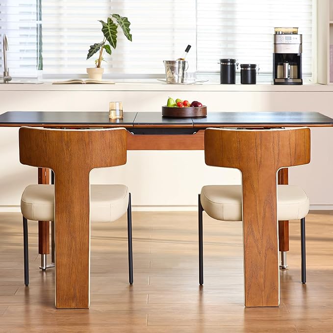 Beige Dining Chairs Set of 2,Faux Leather Dining Chairs with Soft Cushion,Comfortable Upholstered Armless Dining Room Chairs with Curved Plywood Back