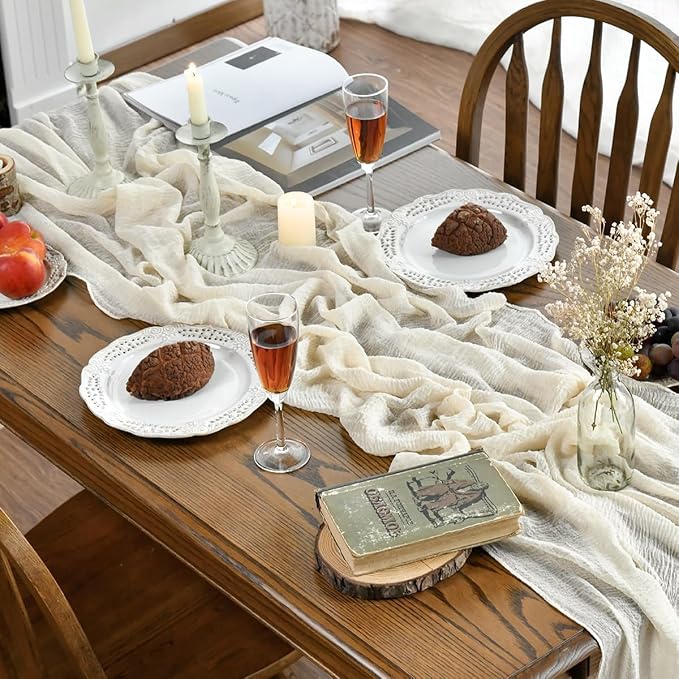 Artoid Mode Boho Cheesecloth Gauze Beige Wedding Table Runner, 160 Inch - Image 3