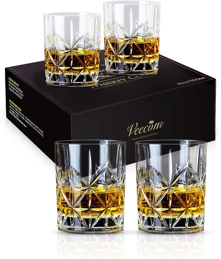 Whiskey Glass, Whiskey Glasses Set of 4, 10 oz Thick Bottom Old Fashioned Rock Glasses for Men, Father's Day, Premium Whisky Gifts for Bourbon, Scotch, Cocktail(Glass Set 4)