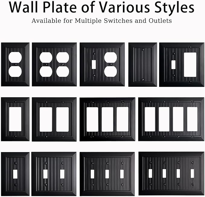 Beadboard Outlet Covers Wall Plates, Bamboo Fiber Light Switch Covers, Natural Material Electric Receptacle Decorative Switch Plate Outlet Cover Matte Black (4 Gang Toggle 1 Pack)