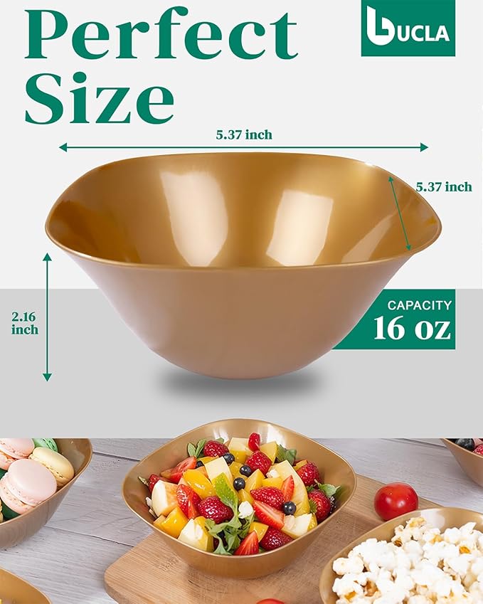 bUCLA 50Pack Gold Plastic Serving Bowls - 16oz Disposable Serving Bowls for Party Dessert/Ice Cream/Salsa/Snack