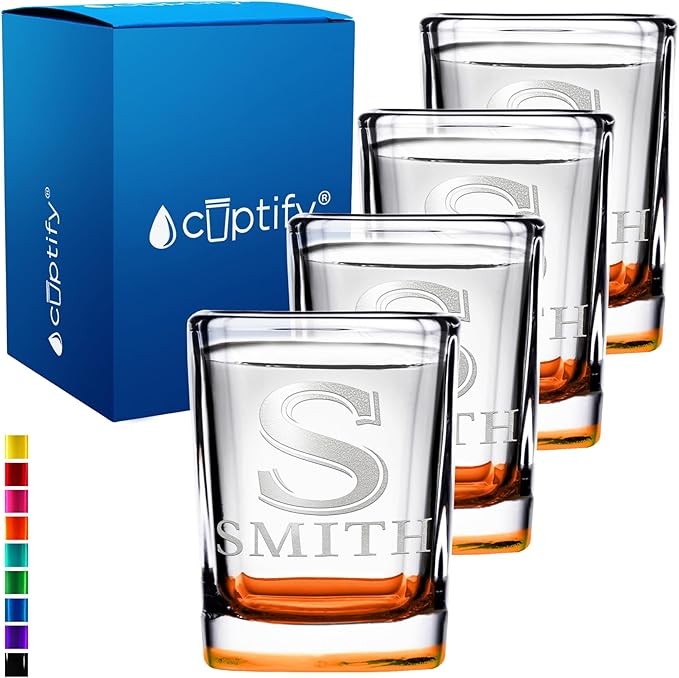 Personalized Shot Glasses Set of 4 Initial and Name 2oz Orange Bottom Etched Square Shot Glass Engraved with Custom Text Birthday Gift for Men and Women