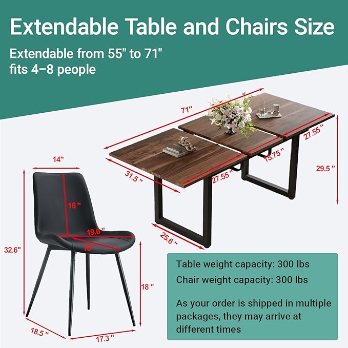 Extendable Dining Table Set for 8, 55"–71" Modern Wood Kitchen Table with 8 Upholstered Chairs, Space-Saving for Living Room Apartment, Sturdy & Comfortable, Easy Assembly
