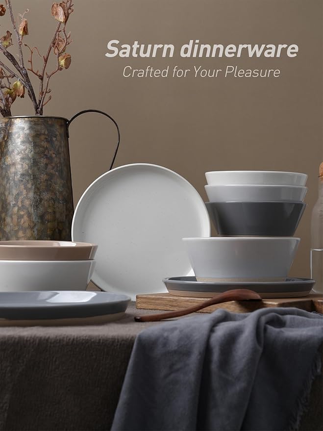 Famiware Saturn Dinnerware Sets for 8, 24 Pieces Stoneware Plates and Bowls Dish Set - Chip and Scratch Resistant, Microwave and Dishwasher Safe Tableware, Multi-color