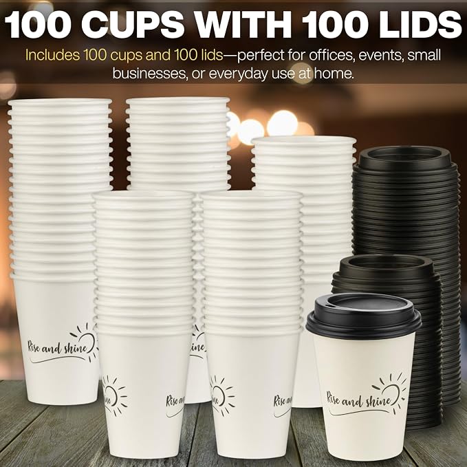 Disposable Coffee Cups with Lids, To Go Paper Hot Cups, Rise and Shine Design - Image 4